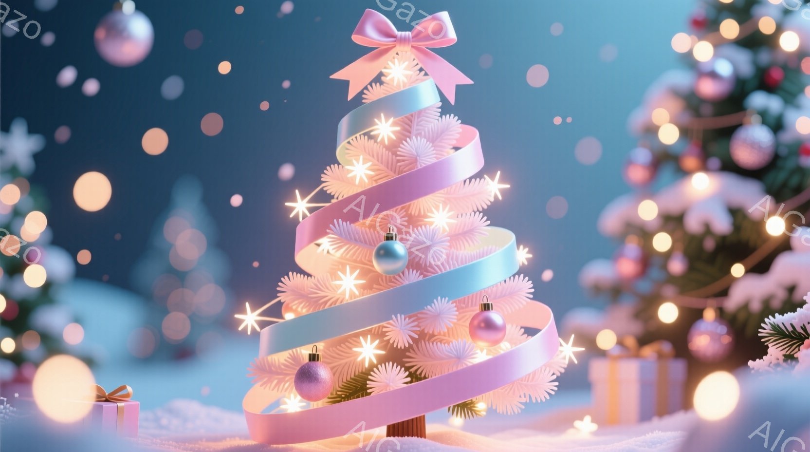 鮮やかなピンクと水色のリボンが渦巻くように構成されたユニークなクリスマスツリーが中央に位置し、雪景色の中で輝いています。プレゼントボックスが足元に置かれ、背景にはぼやけた光の粒子と、他のクリスマスツリ - AI生成フリー素材