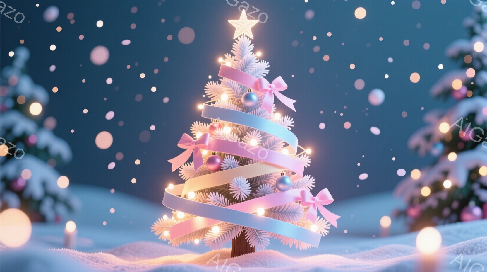 白いクリスマスツリーが雪景色の中に立っており、淡いピンクと白のリボンで飾られています。ツリーには小さなオーナメントと温かい光のイルミネーションが輝き、背景にはぼんやりとしたシルエットの木々と、雪が舞う - AI生成フリー素材