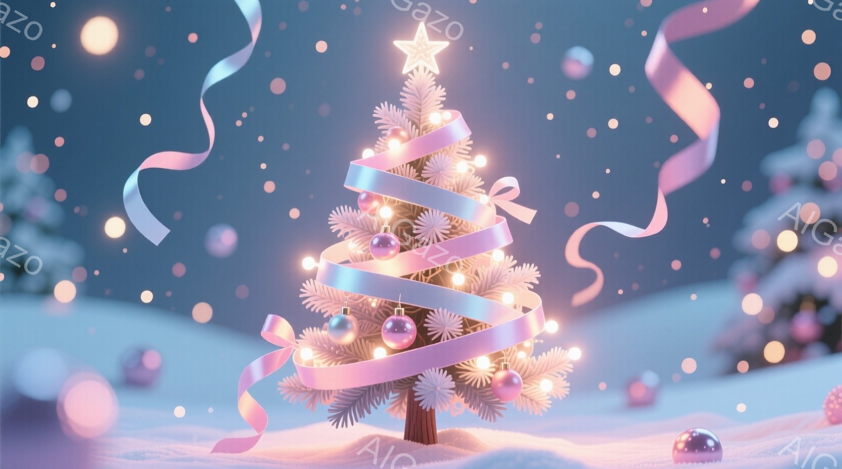 雪が降る中、白いクリスマスツリーが輝いている。ツリーはピンクと白のリボンで飾られ、小さな電球が暖かく光っている。背景にはぼんやりとした木々が見え、全体的に幻想的で穏やかな雰囲気が漂っている。 - AI生成フリー素材