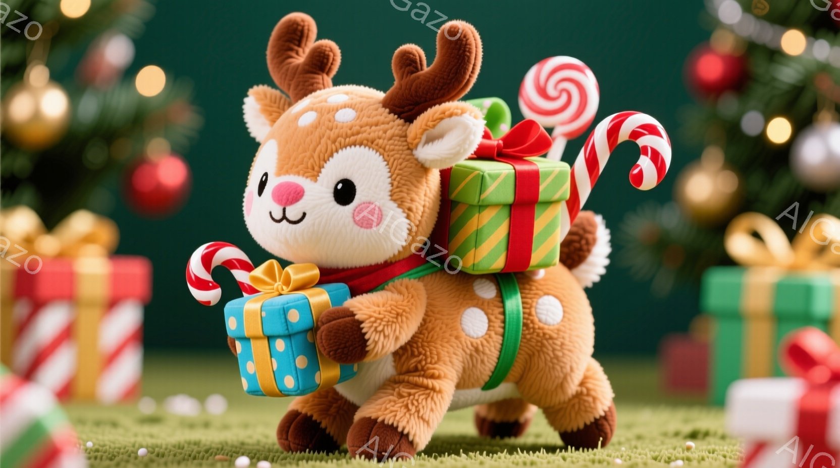 ふわふわの茶色のトナカイのぬいぐるみは、片手にキャンディケーン、もう片手に青いギフトボックス、背中に緑色のギフトボックスを持って歩いています。背景には、赤いギフトボックスや白いギフトボックスが散りばめ - AI生成フリー素材