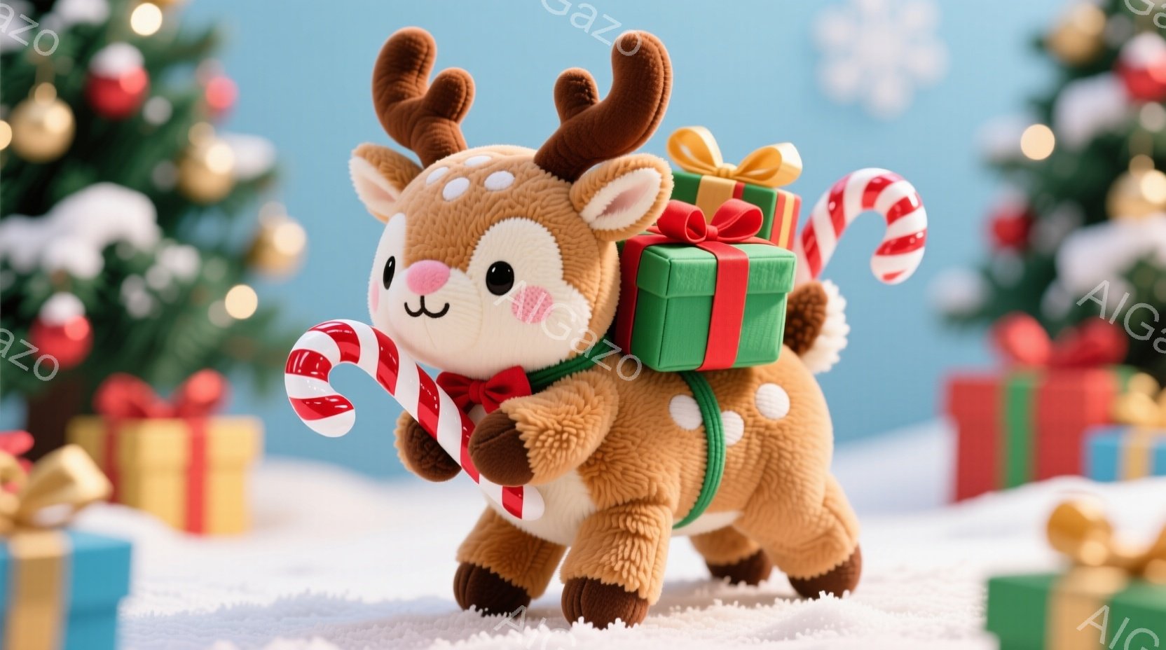 ふわふわの茶色のトナカイのぬいぐるみは、赤いリボンとベルトを身につけ、片手にキャンディケーン、背中に緑色のプレゼントの箱を抱えています。雪が降る白い背景には、他のプレゼントの箱やクリスマスツリーが見え - AI生成フリー素材
