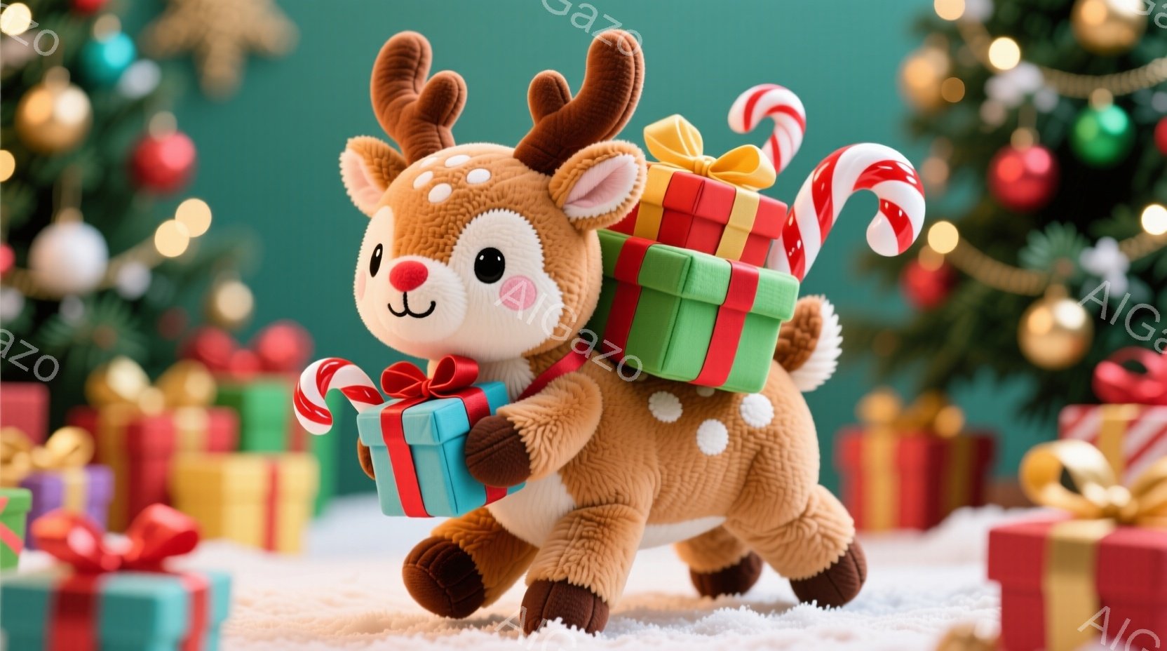 ふわふわの茶色のトナカイのぬいぐるみは、左手に青いリボンが付いた小さなプレゼントボックス、右手にキャンディケーンを持って、雪の上に歩いています。背景には、キラキラと輝くオーナメントで飾られたクリスマス - AI生成フリー素材