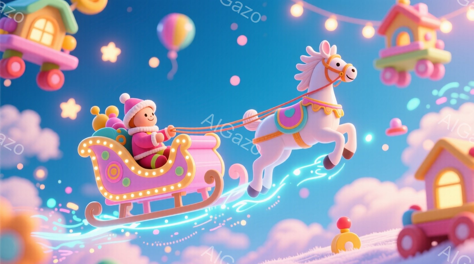 かわいい女の子がピンク色のソリに乗って、白い馬に引かれて空を飛んでいます。彼女は赤い帽子とコートを着ており、顔は笑顔で満ち溢れています。背景にはパステルカラーの雲と、おもちゃのようなかわいらしい家々が - AI生成フリー素材