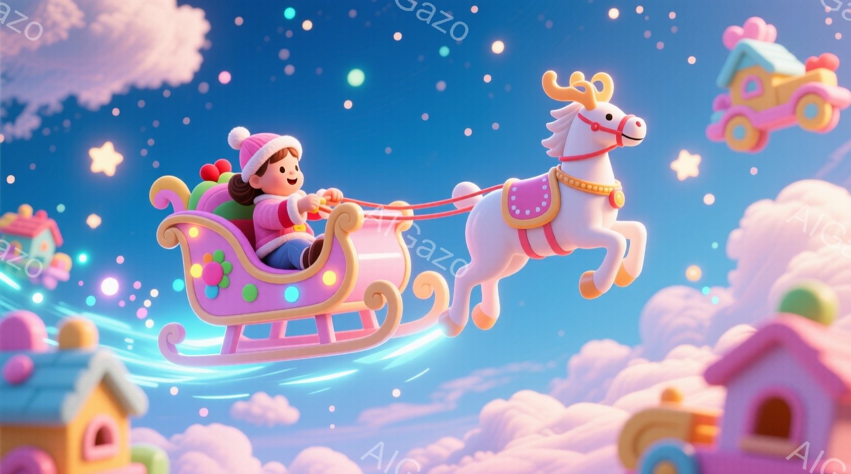 ピンク色のソリに乗って空を飛ぶ少女が描かれています。少女は赤い帽子とコートを着ており、巻き毛の髪型で、笑顔を浮かべています。背景には、パステルカラーの可愛らしい家々や雲が浮かび、キラキラとした光が降り - AI生成フリー素材