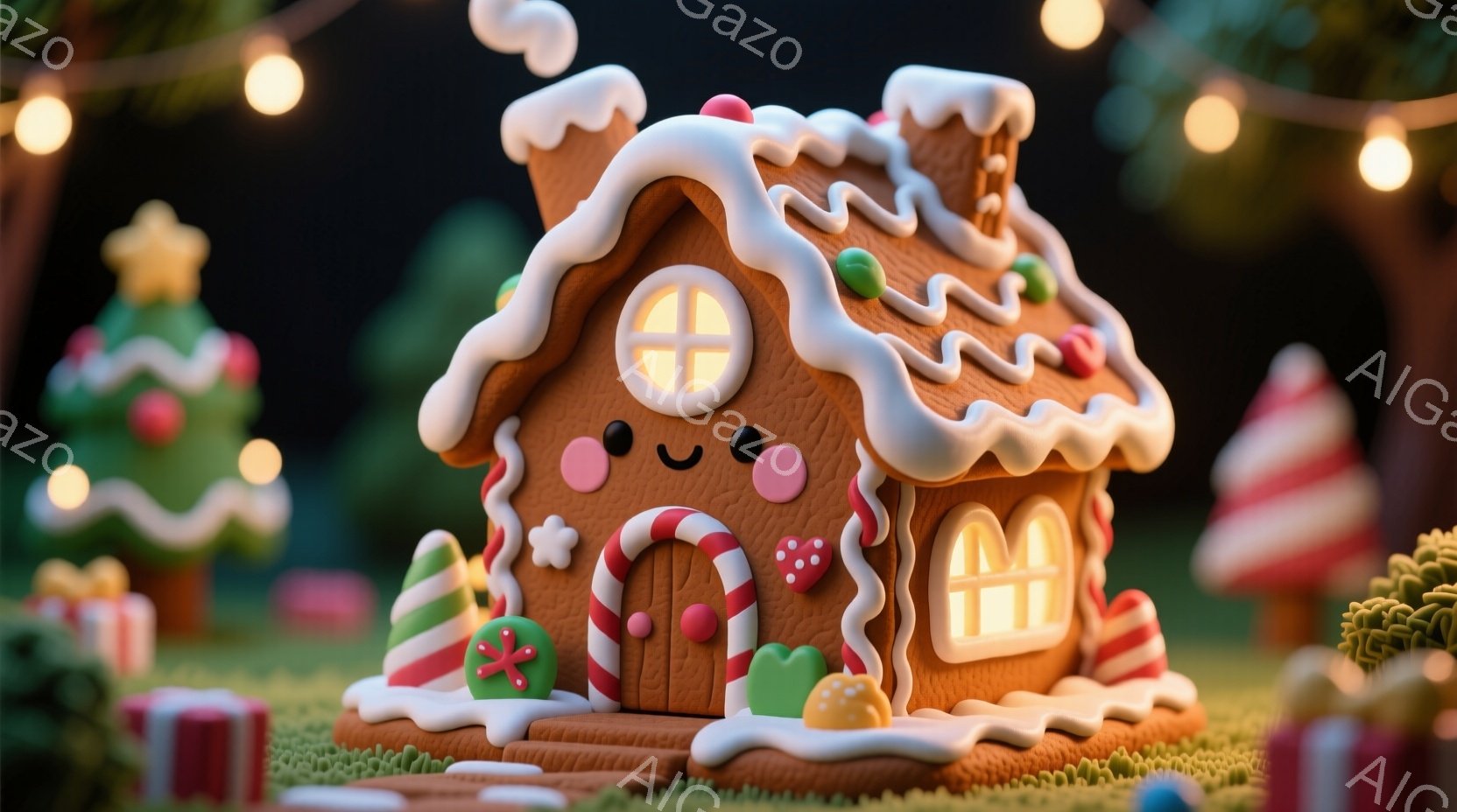 お菓子の家が描かれており、アイシングで装飾されています。周りにはプレゼントの箱と、キャンディケーンやカラフルなオーナメントで飾られた小さなクリスマスツリーがいくつかあります。全体的に暖かく、お祝いの雰 - AI生成フリー素材