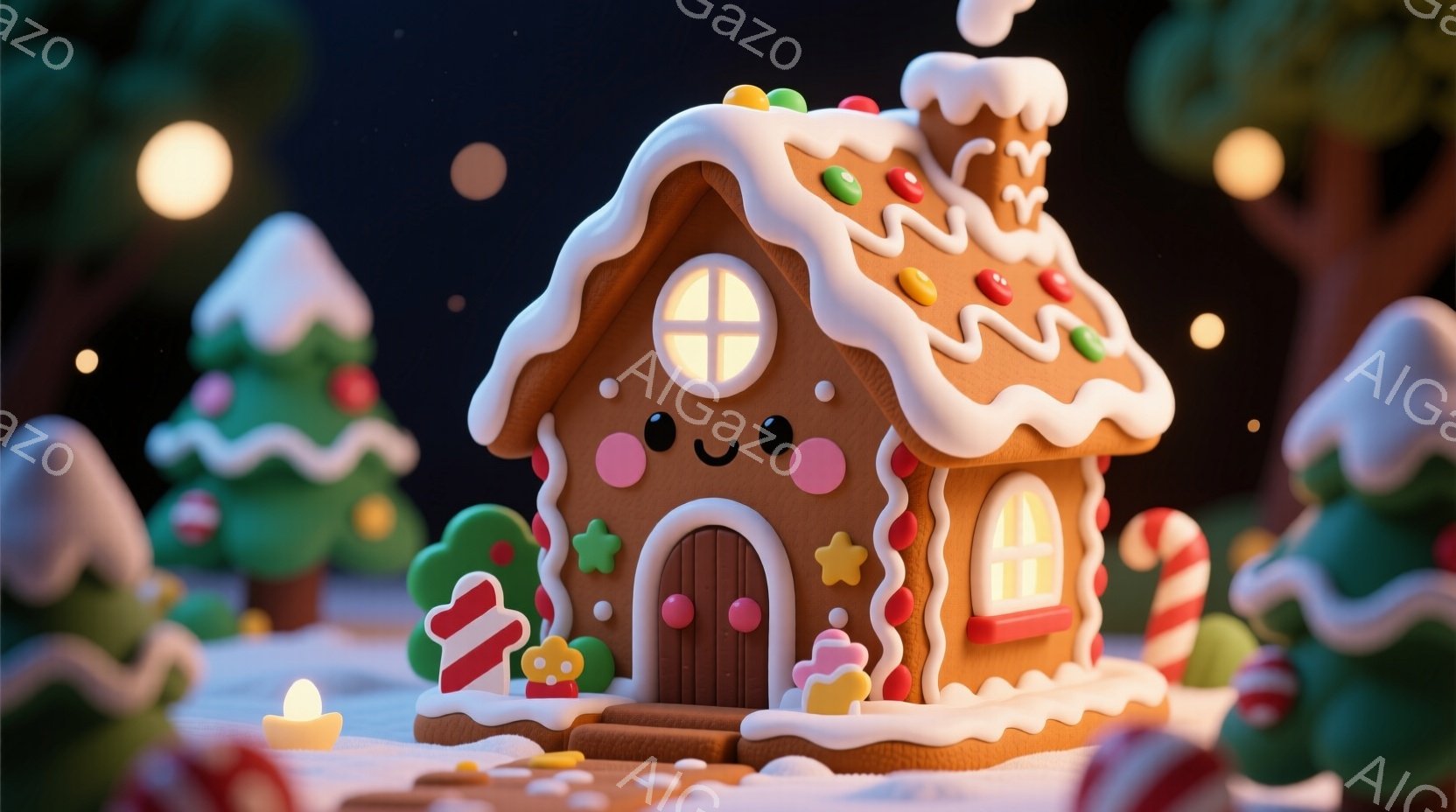 お菓子で作られた可愛らしい家が描かれています。屋根は雪で覆われ、カラフルなキャンディやクッキーで飾られています。背景には、緑のクリスマスツリーがいくつか立っており、地面は雪で覆われ、温かい光が灯ってい - AI生成フリー素材