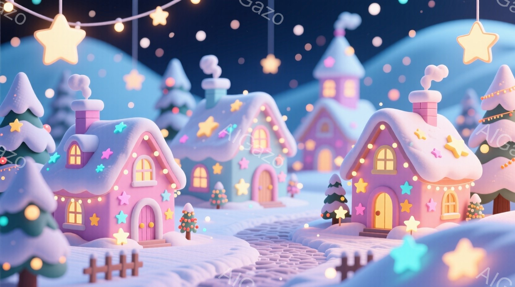 雪が降り積もったファンタジーな村が描かれており、パステルカラーの可愛らしい家々が並んでいます。各家は星やキラキラした飾りで彩られ、まるでクリスマスの夜のような温かい雰囲気を醸し出しています。背景には雪 - AI生成フリー素材