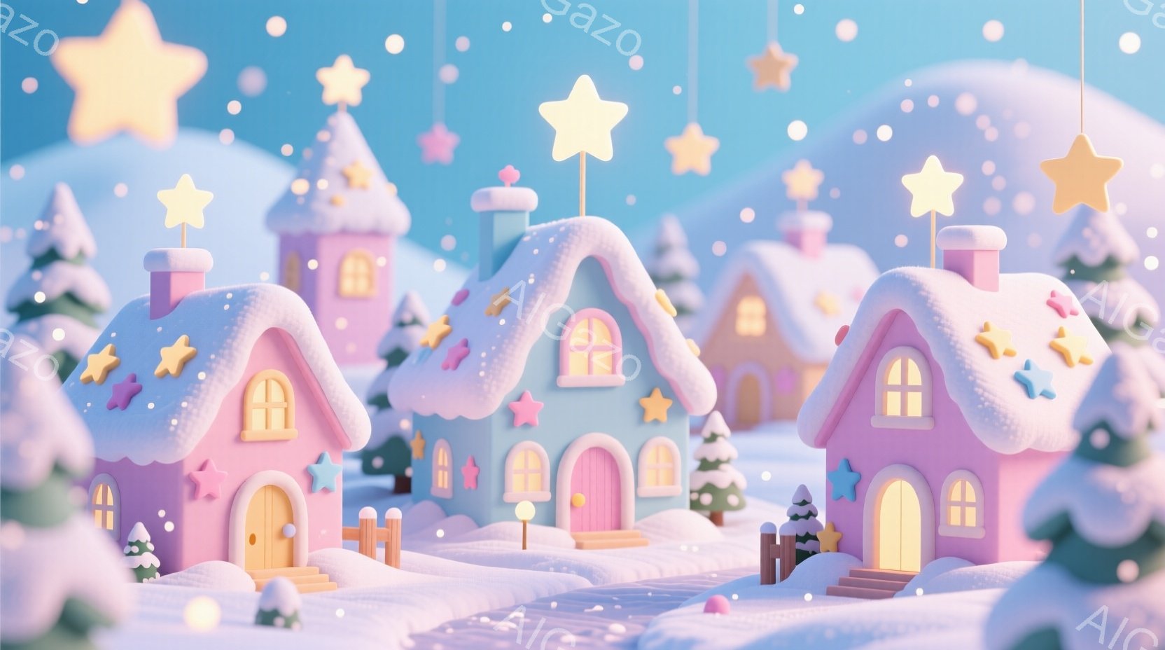 暖かく優しい色合いの雪景色が描かれています。ピンクや水色の可愛らしい家々が雪に覆われ、星やハートの装飾が施されています。背景には雪の積もった丘と、星が散りばめられた空が広がり、ファンタジックで夢のよう - AI生成フリー素材
