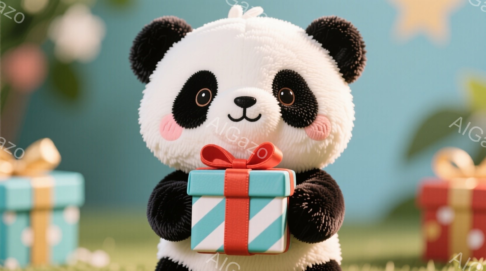 ふわふわのパンダのぬいぐるみは、ターコイズブルーと赤いリボンがついたプレゼントの箱を抱えています。背景には、ぼやけた緑の草と、金色の星型の装飾が散りばめられた淡い青色の背景が見えます。全体的に、暖かく - AI生成フリー素材