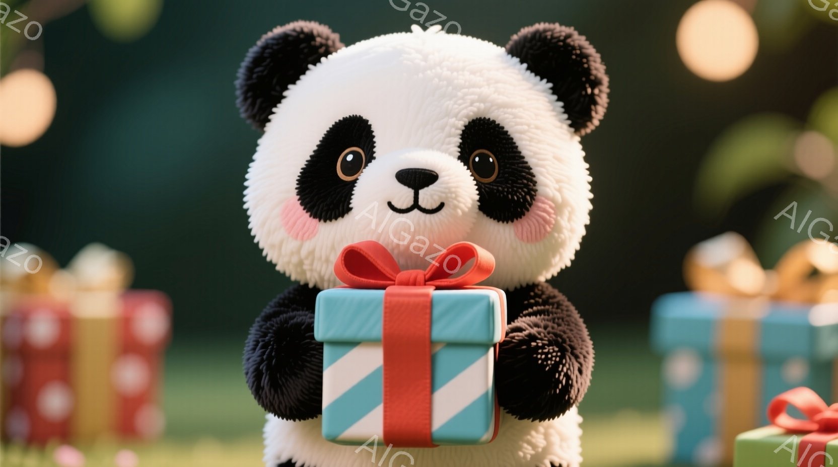 愛らしいパンダが、ターコイズブルーのリボンと赤い包装紙で飾られたプレゼントを抱えています。パンダは大きな黒い目と、わずかに微笑んだ表情で、非常に可愛らしい印象を与えます。背景には、同様に包装されたプレ - AI生成フリー素材