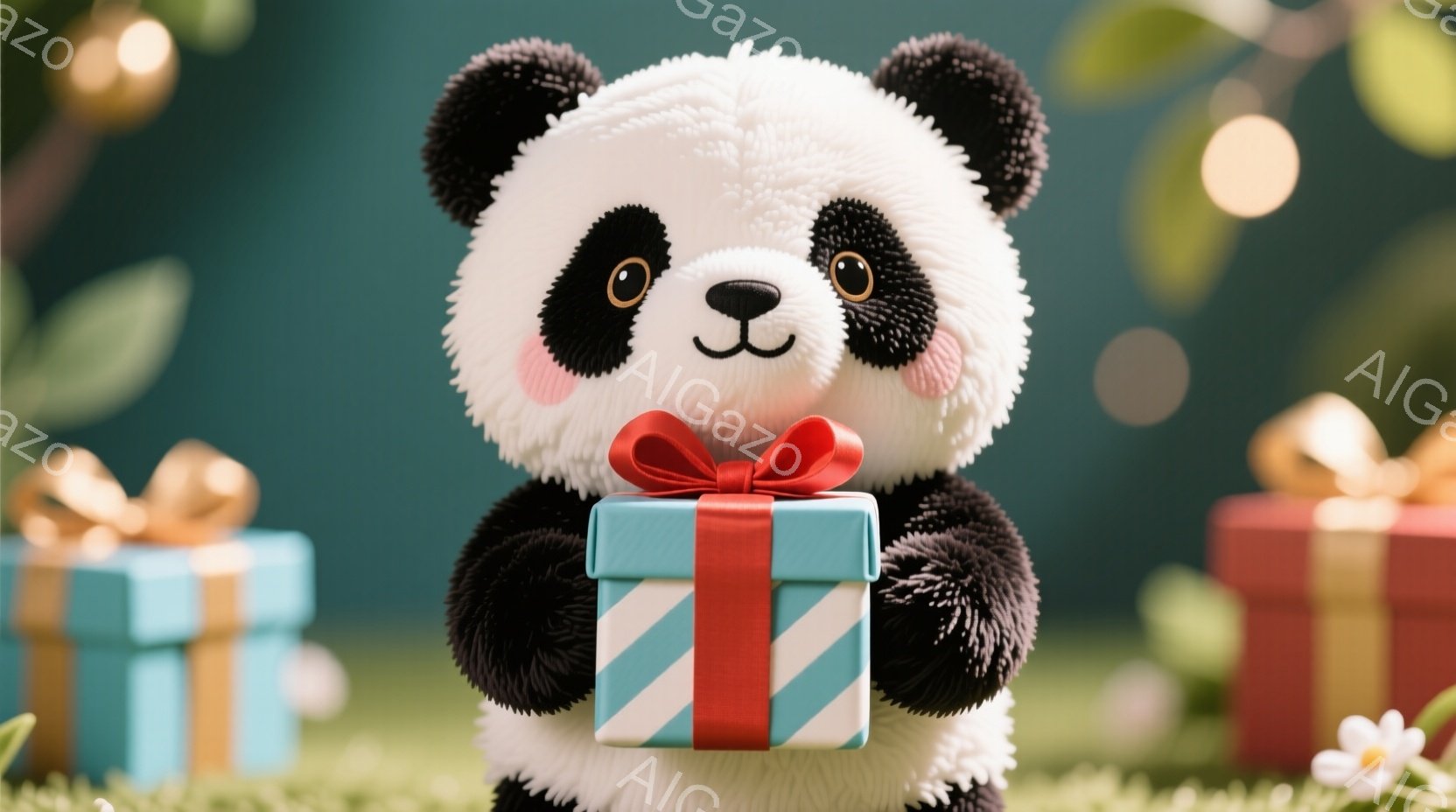 ふわふわのパンダのぬいぐるみは、ターコイズブルーと赤いリボンのかかったプレゼントボックスを両手で抱えています。背景には、緑の草と金色の点々、そして他のプレゼントボックスや白い花が散りばめられており、お祝いの雰囲気が漂います。パンダは可愛らしい表情で、お祝いのシーンにぴったりの愛らしい姿です。