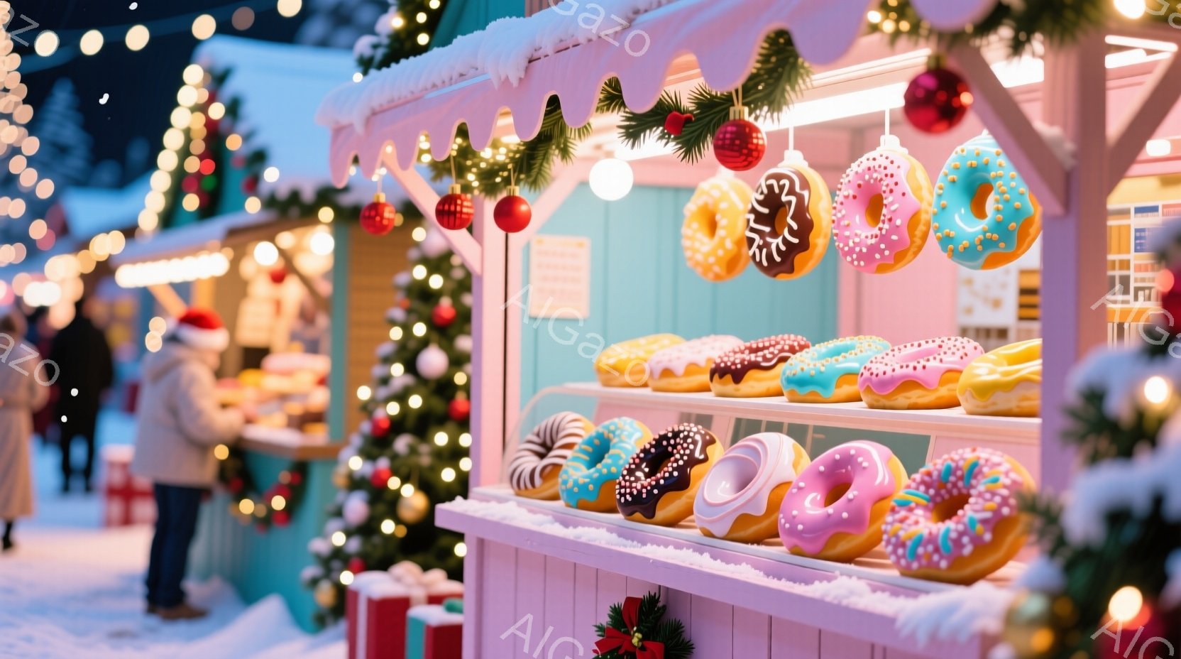 ドーナツが並んだ屋台が写っており、カラフルなドーナツが所狭しと並べられています。背景にはクリスマスの飾り付けが施された建物と、雪が降る夜の風景が広がっており、冬の温かい雰囲気が漂っています。人々は少し - AI生成フリー素材