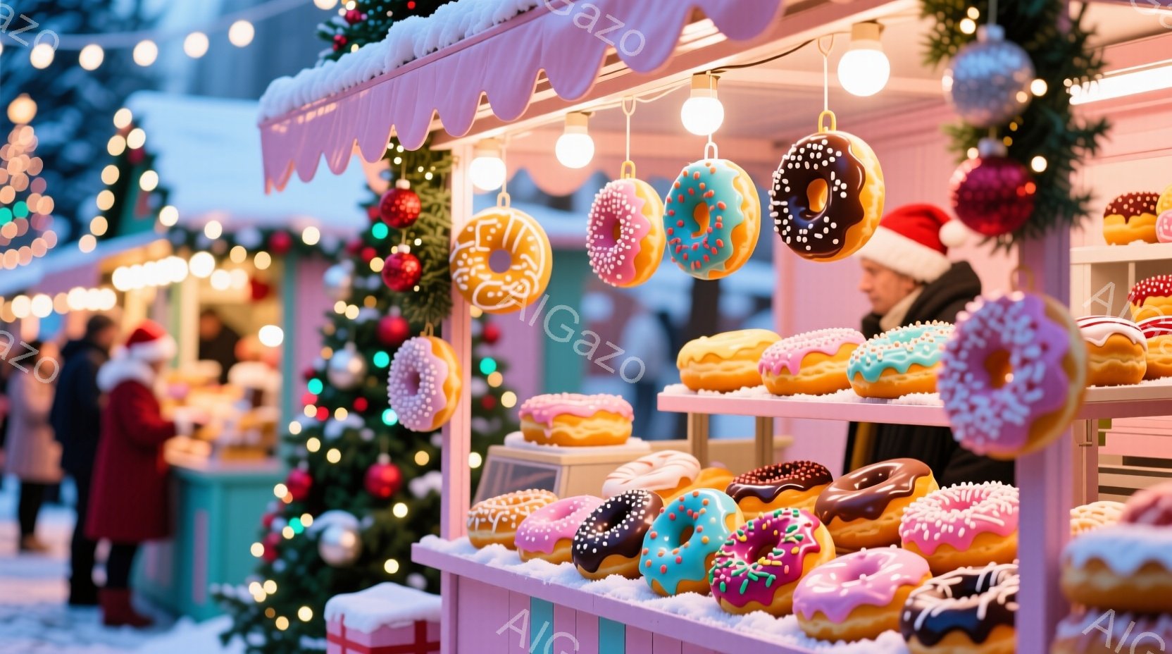 クリスマスマーケットの屋台には、色とりどりのドーナツが並べられています。背景にはクリスマスツリーが飾られ、雪が舞う冬の景色が広がっています。ドーナツはチョコレート、ピンク、白、色とりどりのトッピングが - AI生成フリー素材