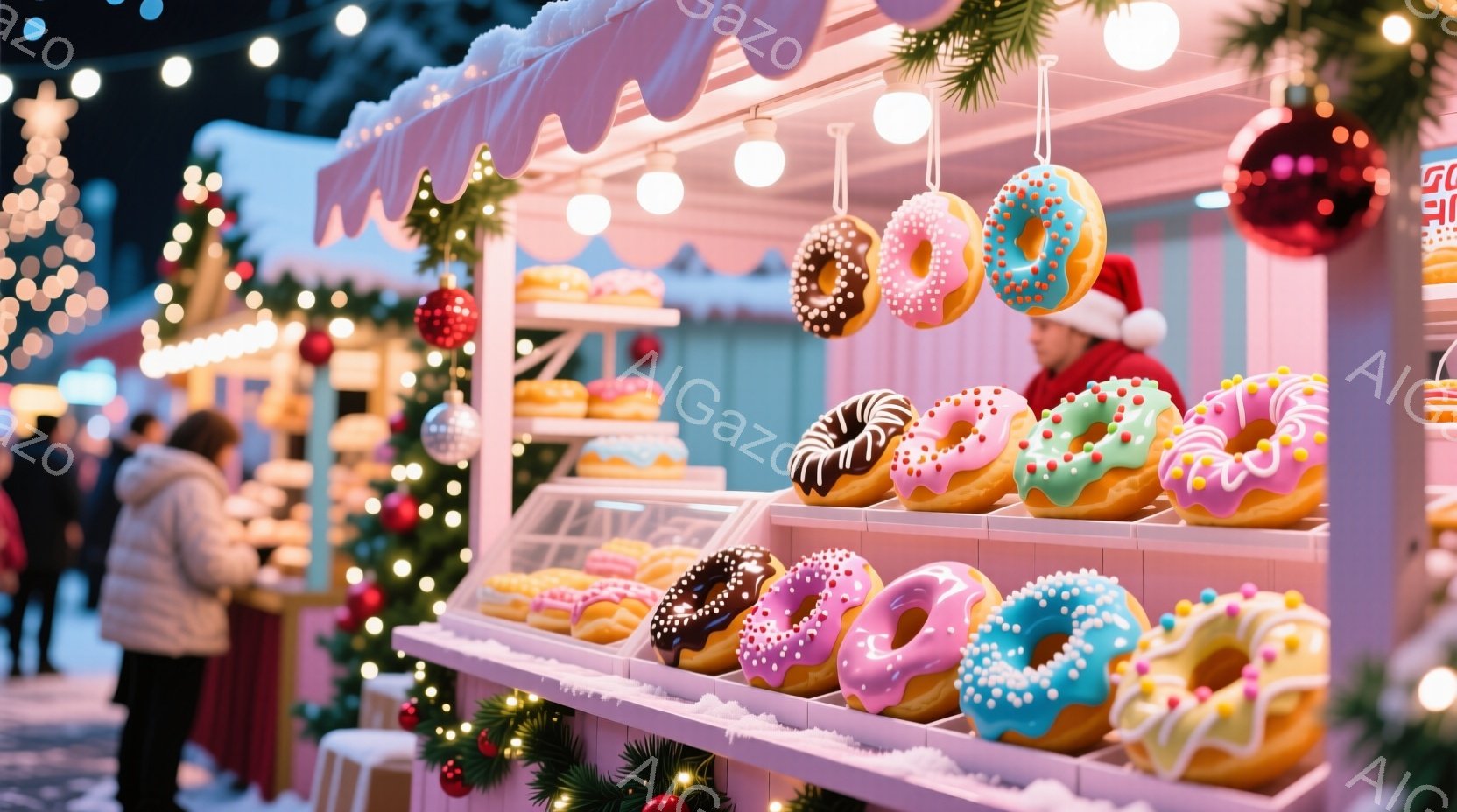 クリスマスマーケットの屋台が写っており、色とりどりのドーナツが並べられています。背景にはぼんやりとクリスマスツリーが見え、屋台の装飾と相まって、温かく華やかなクリスマスの雰囲気を醸し出しています。人々 - AI生成フリー素材