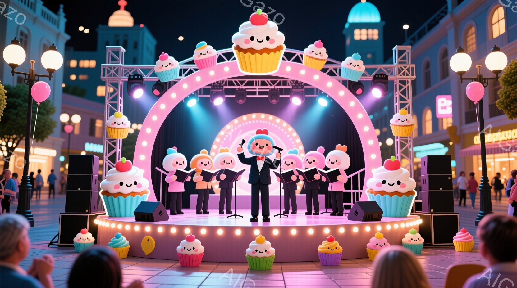 夜の街並みを背景に、かわいらしいカップケーキのキャラクターたちがステージで演奏しています。中央のキャラクターはタキシードを着てマイクを持って歌っており、他のキャラクターたちは楽器を演奏しています。ステ - AI生成フリー素材