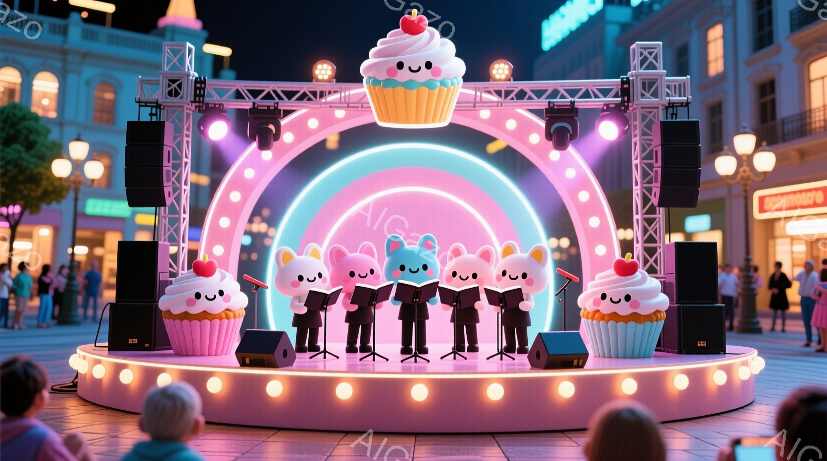 広場に設置された円形のステージの上には、可愛らしいカップケーキのキャラクターたちが楽器を演奏しています。キャラクターたちは黒いタキシードと蝶ネクタイを身につけ、真剣な表情で楽器を奏でています。背景には - AI生成フリー素材