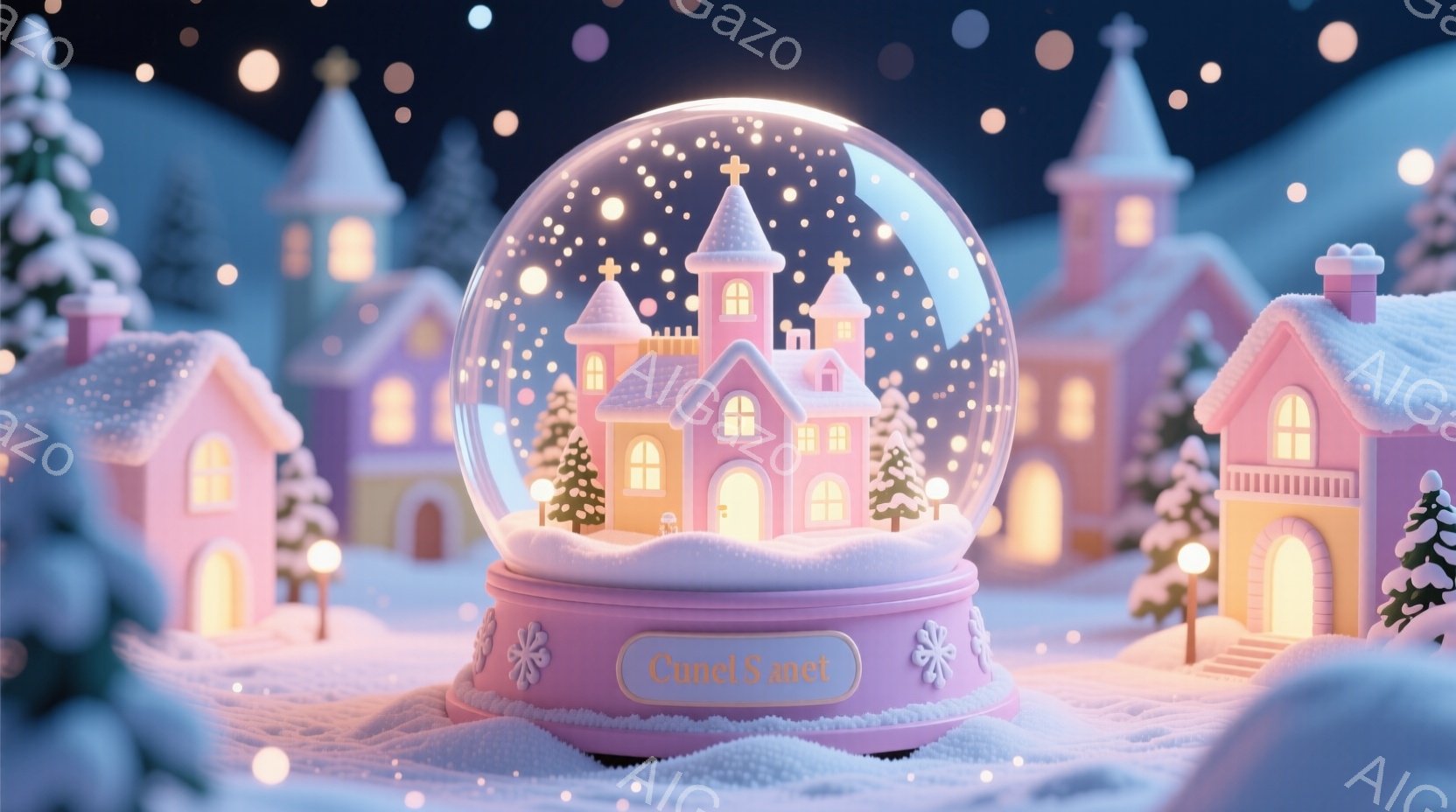 雪が舞う冬の風景が、クリスマスのオーナメントであるスノーグローブの中に閉じ込められています。ピンク色の可愛らしい家々や教会が雪に覆われ、温かい光を灯しており、幻想的な雰囲気を醸し出しています。スノーグ - AI生成フリー素材