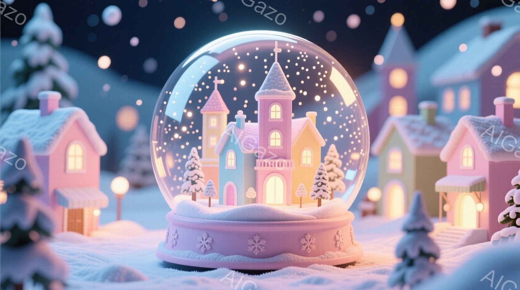 雪が降り積もる夜、雪の結晶が舞う中で、可愛らしいクリスマスの雪の玉が描かれている。玉の中には、雪化粧した教会や家々が並び、温かい光が灯っている様子が表現され、幻想的な雰囲気を醸し出している。ベースは淡 - AI生成フリー素材