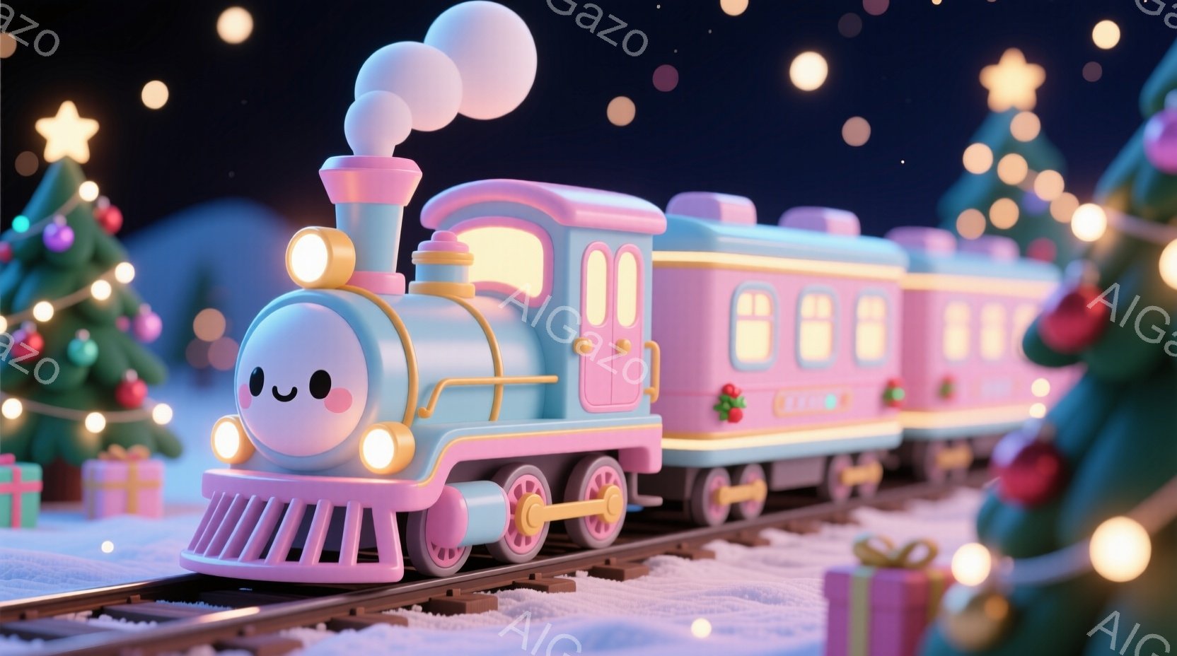 鮮やかなピンクと水色の列車が雪景色の中を走っています。列車の先頭には笑顔の顔が描かれており、可愛らしい雰囲気を醸し出しています。背景にはクリスマスツリーやプレゼントが散りばめられ、暖かく幻想的な冬の夜 - AI生成フリー素材