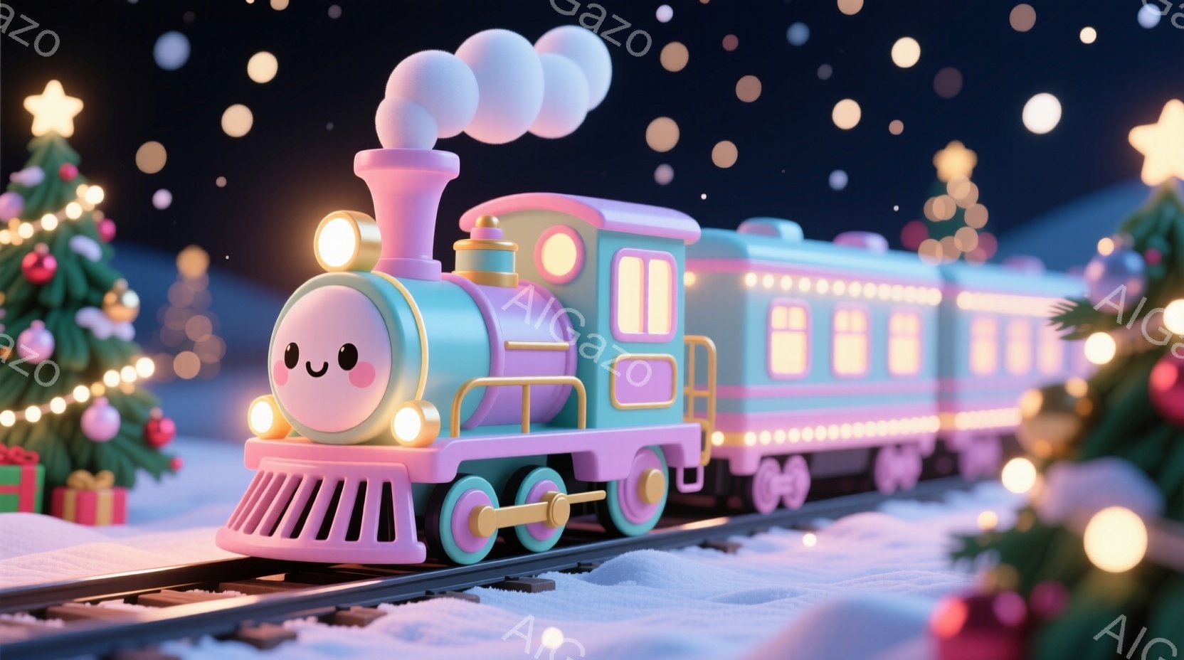 鮮やかな水色とピンクの蒸気機関車が雪景色の中を走っています。機関車の顔には愛らしい表情が描かれ、全体的に暖かく、おとぎ話のような雰囲気が漂っています。背景にはクリスマスツリーやプレゼント、そしてきらめく雪が散りばめられ、幻想的な冬の夜を表現しています。