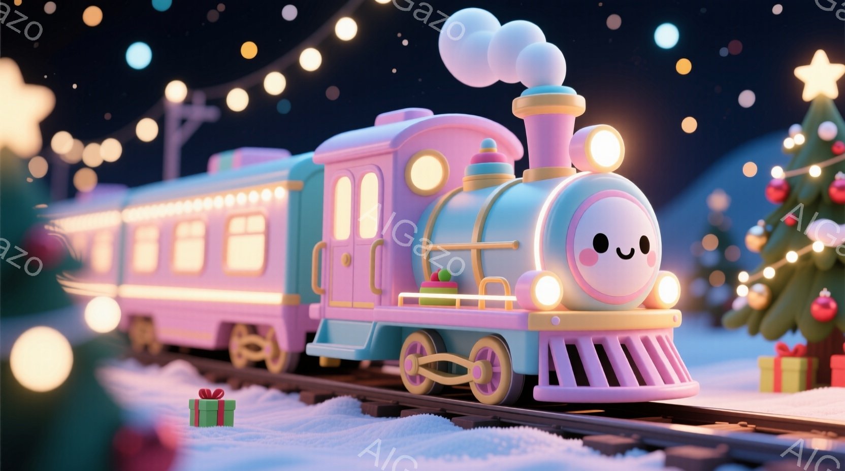 白い雪景色の中に、可愛らしいピンクと水色の蒸気機関車が描かれています。機関車の窓は暖かく光っており、雪の上に置かれたプレゼントボックスと背景のクリスマスツリーが祝祭の雰囲気を醸し出しています。全体的に - AI生成フリー素材