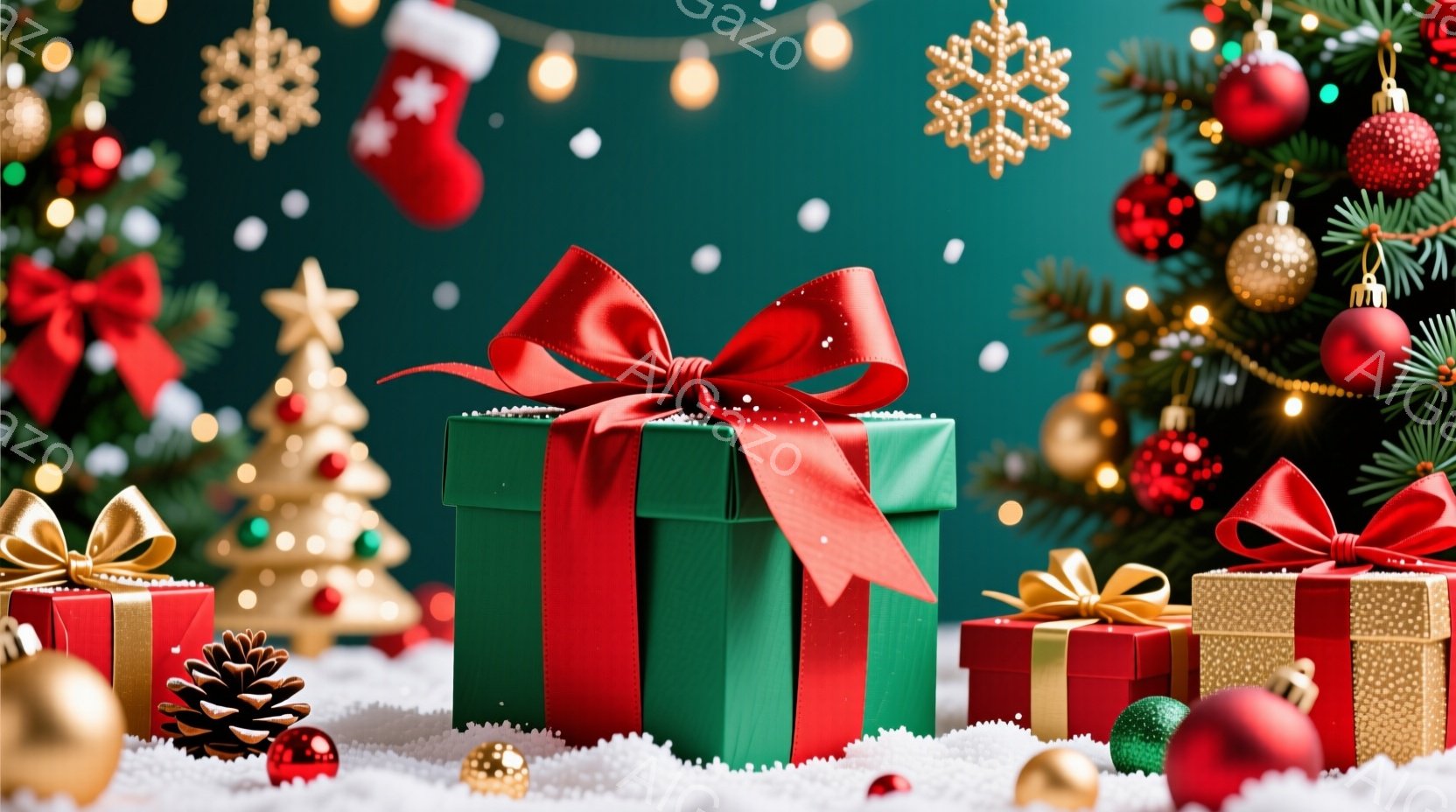 深緑色のプレゼントボックスを中心に、赤や金色のラッピングされたギフトが雪の上に並べられています。背景にはクリスマスツリーが飾られ、赤い靴下や金色のオーナメントが散りばめられています。全体的に暖かく華や - AI生成フリー素材