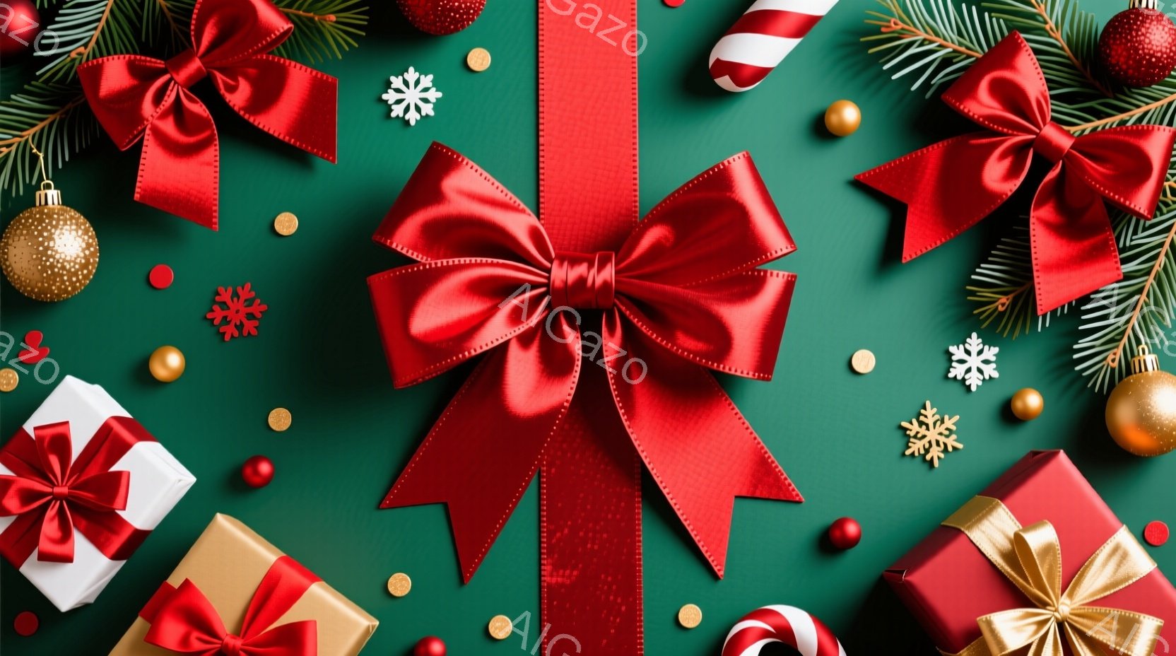 深緑色の背景に、赤いリボンで飾られた様々なギフトボックスが散りばめられています。金色のオーナメント、キャンディケーン、そして白い雪の結晶も配置され、華やかなクリスマスシーズンを連想させます。全体的に温 - AI生成フリー素材