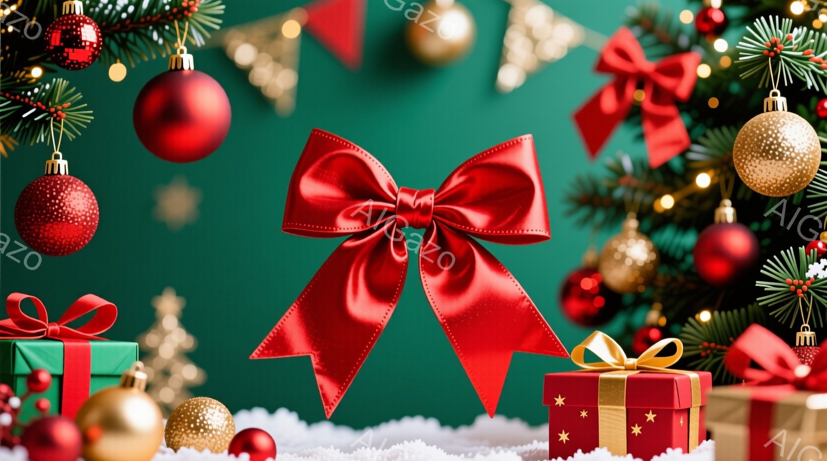 深緑色の背景に、様々なクリスマス装飾が散りばめられています。赤いリボンが中央に大きく結ばれ、その下に赤いギフトボックス、左には緑色のギフトボックスが置かれています。キラキラと輝く雪の上に置かれたこれらのプレゼントは、暖かく華やかなクリスマスの雰囲気を醸し出しています。