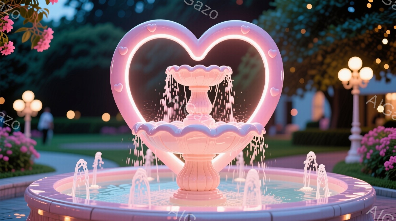 心型ファウンテンは夜間、色彩が豊かな透明水の中に設置され、給水口の形状から心のように見える。周りは照明で演出され、広い空間と木々が背景である。人々は楽しみのためにこの場を訪れており、美しい姿勢を示している。