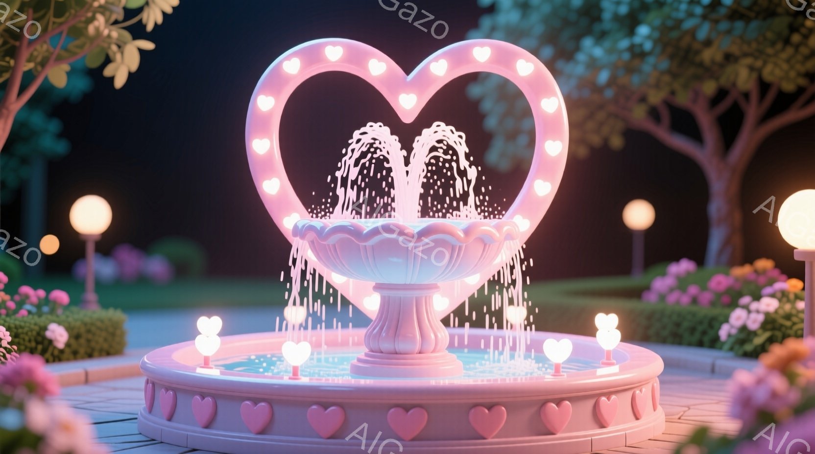 鮮やかなピンク色の噴水が、夜の庭園の中心に佇んでいます。噴水はハート型の装飾で飾られ、水が優雅に流れ出しています。背景には緑豊かな木々や花々が咲き乱れ、暖かくロマンチックな雰囲気を醸し出しています。 - AI生成フリー素材