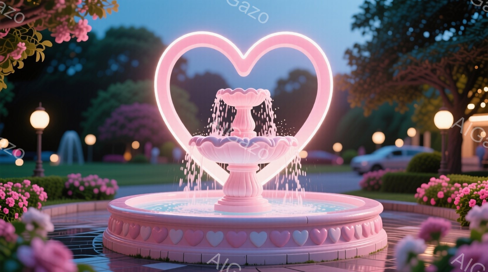 鮮やかなピンク色の噴水が、ハート型の光の輪で囲まれて美しい夜の公園に佇んでいます。噴水は装飾的で、周囲にはピンクの花が咲き乱れ、背景には緑豊かな木々と建物のシルエットが見えます。夜空は穏やかなグラデー - AI生成フリー素材
