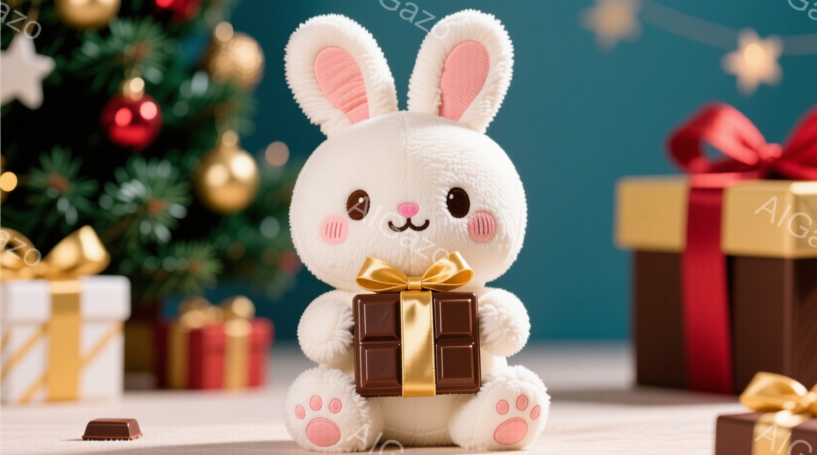 白いふわふわのウサギのぬいぐるみは、金色のリボンと茶色のチョコレートのプレゼントを抱えています。背景には、緑色のクリスマスツリーと、様々な色のギフトボックスが並んでおり、お祝いの雰囲気を醸し出していま - AI生成フリー素材