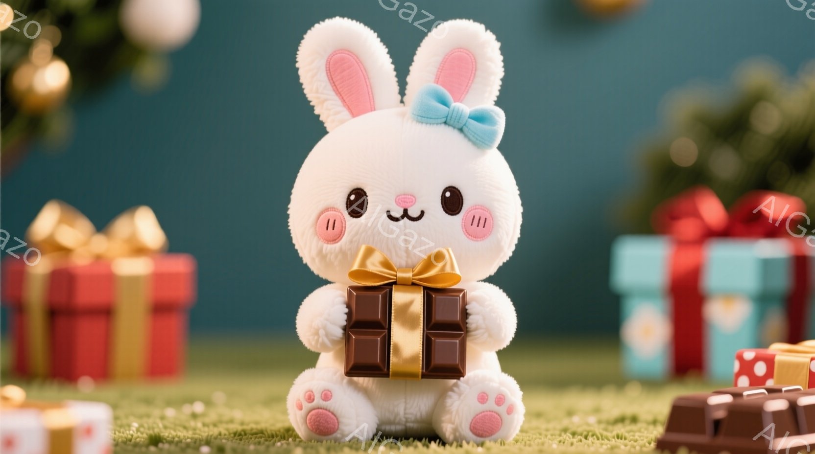 白くてふわふわしたウサギのぬいぐるみは、ピンクの大きなリボンをつけていて、お腹にチョコレートの箱を抱えています。緑色の芝生の上に座り、周囲には赤や水色のリボンで飾られたプレゼントの箱が置かれています。 - AI生成フリー素材
