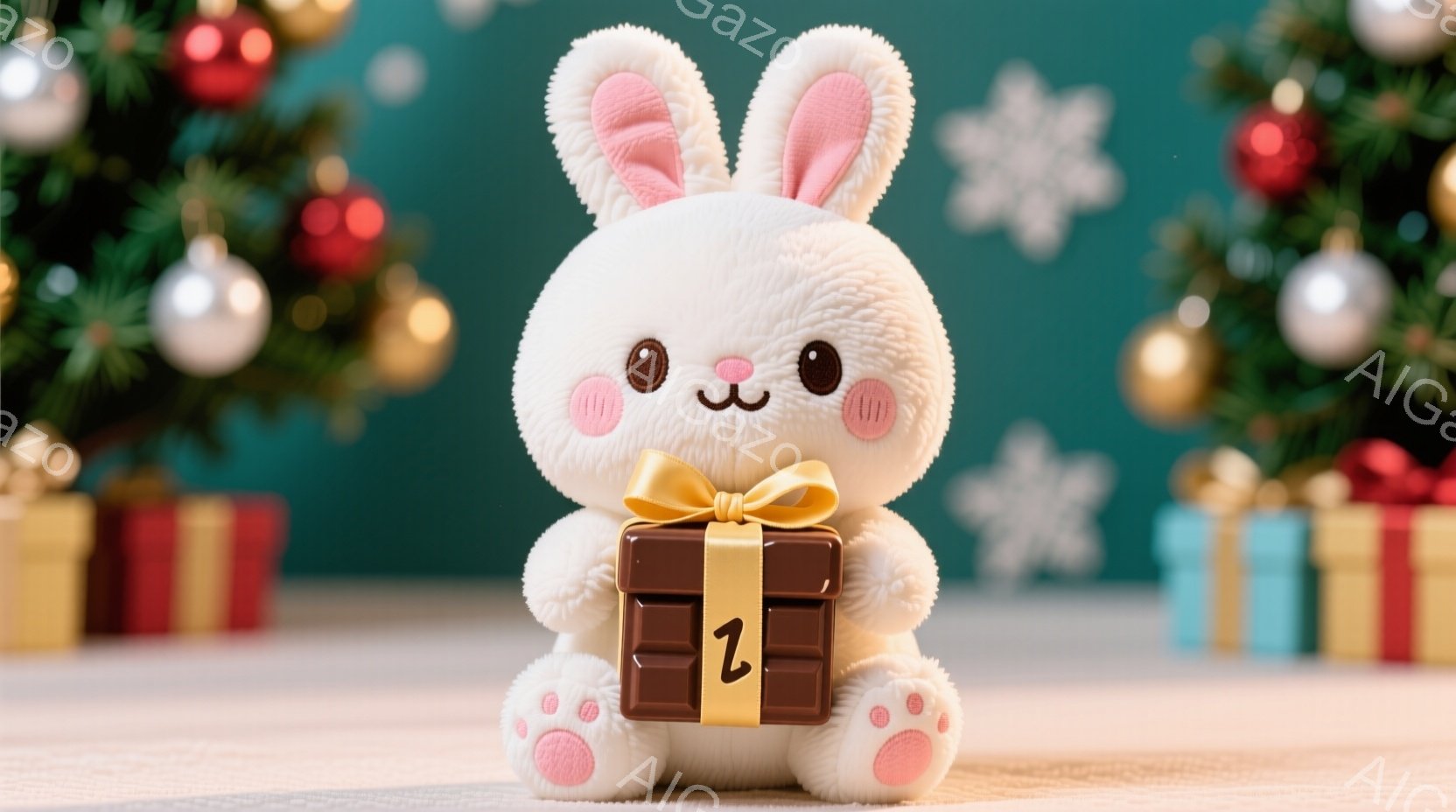 ふわふわの白いウサギのぬいぐるみは、金色のリボンが付いた茶色のギフトボックスを抱えています。背景には緑色の背景にクリスマスツリーとカラフルなプレゼント箱が並び、お祝いの雰囲気です。ウサギの表情は愛らし - AI生成フリー素材