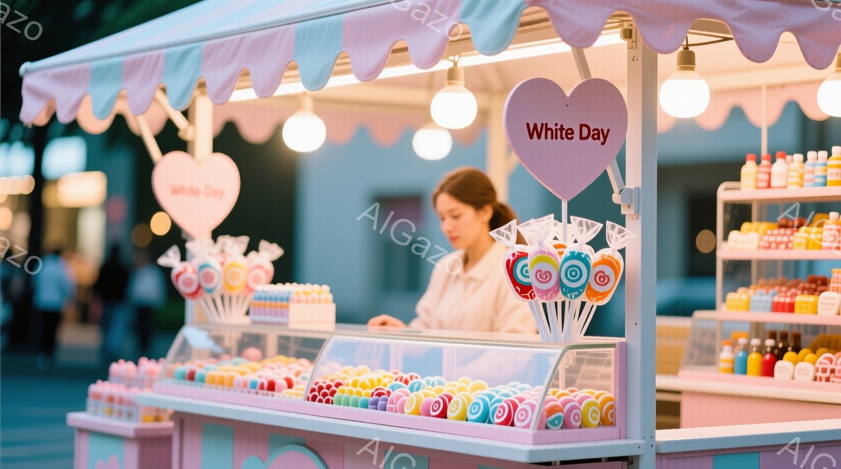 ピンクと水色のストライプが特徴的なキャンディ店の前で、女性が立っています。彼女は白いシャツを着ており、髪は後ろで一つにまとめられています。背景には、様々な種類のキャンディや瓶入りの飲み物が並べられた店と、ぼやけた背景の建物が見えます。