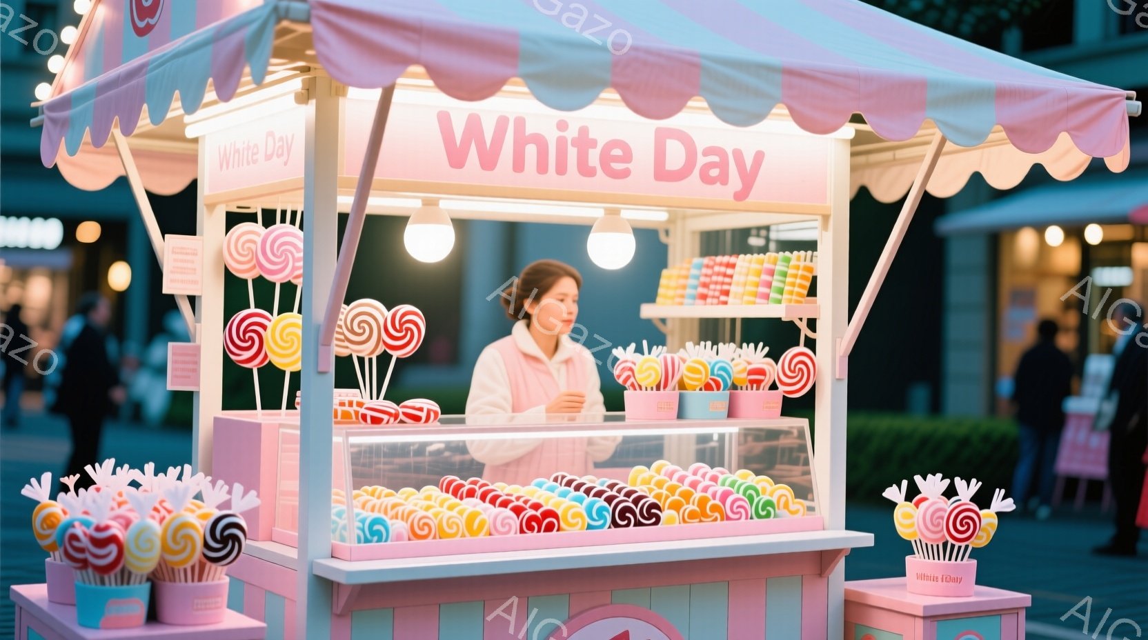白いキャンディ屋台が、ピンクと水色のストライプで装飾され、様々な色とりどりのキャンディが並べられています。若い女性がピンク色のセーターを着て、明るい笑顔でキャンディを販売しており、彼女の髪は後ろで結ば - AI生成フリー素材
