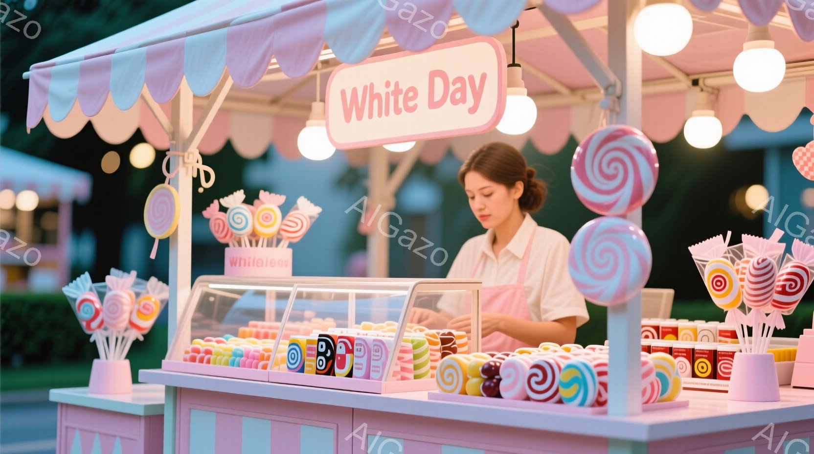 若い女性がキャンディの屋台で立っており、ピンク色のドレスを着て髪を後ろで結んでいます。彼女は笑顔で、キャンディを売る準備をしているようです。背景には、緑の木々と装飾された屋台があり、全体的に明るく、お - AI生成フリー素材