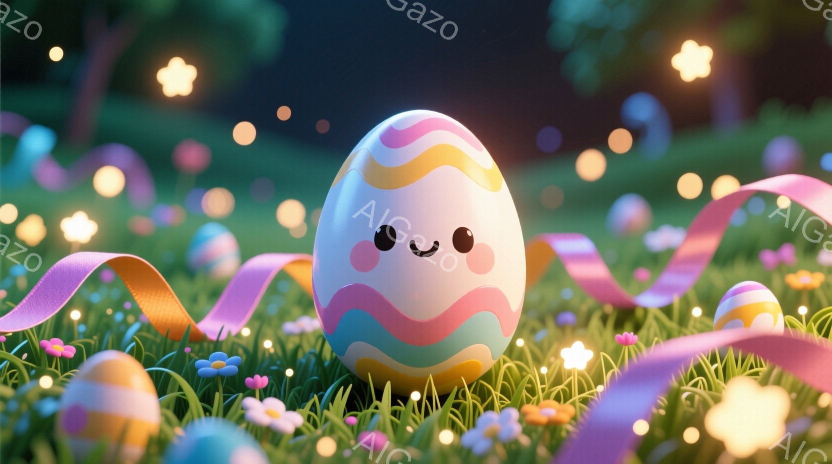 明るい緑の草の上に、パステルカラーのストライプが描かれたかわいらしい卵が置かれています。卵にはつぶらな瞳と微笑みが描かれており、ピンクのリボンが周囲を飾り、楽しげな雰囲気を醸し出しています。背景にはぼんやりとした光が散りばめられ、春らしい、夢のような空間を作り出しています。