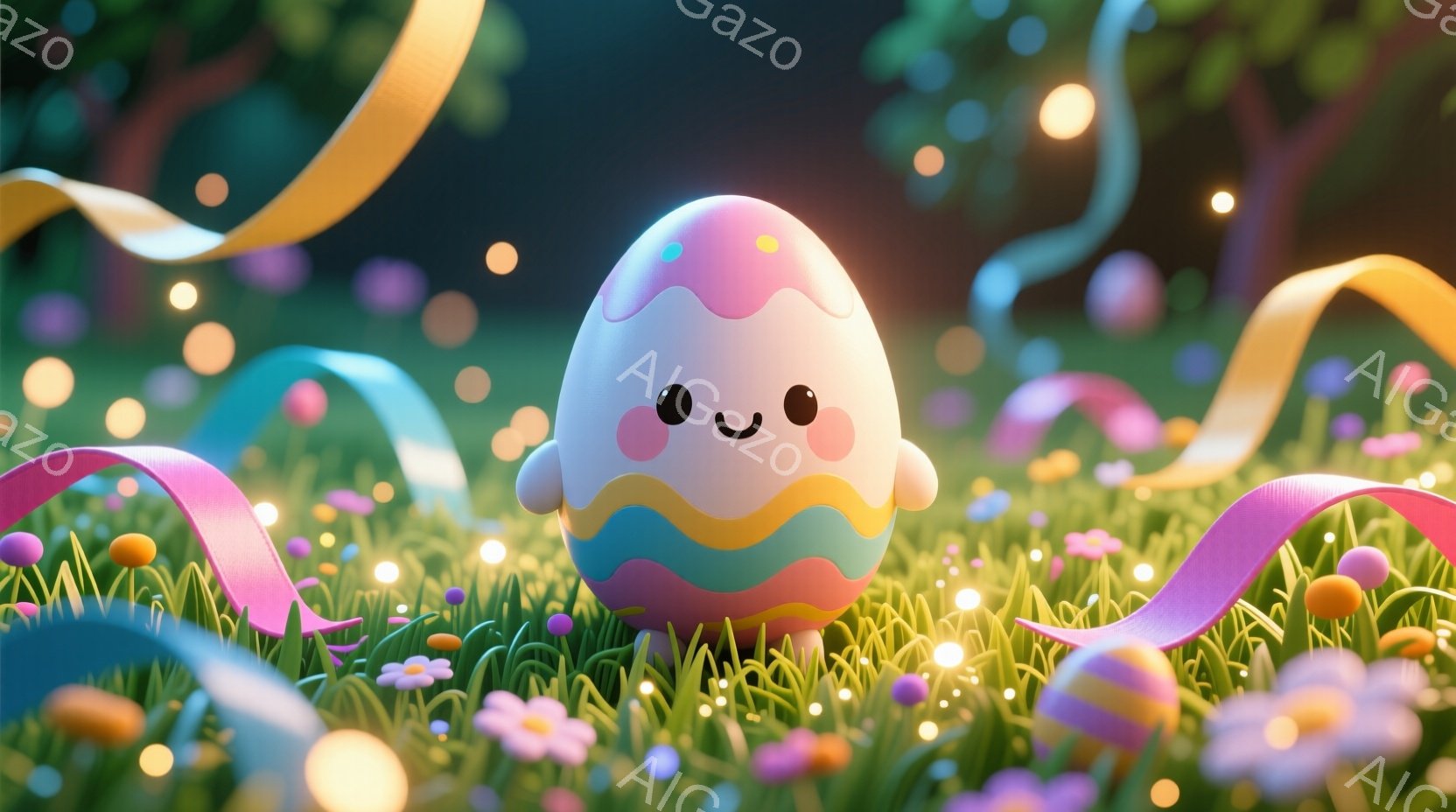 カラフルなパステルカラーのイースターエッグが、緑色の草むらに立っている。エッグには愛らしい笑顔と赤い頬があり、周囲にはピンクや黄色のリボン、光る花々が散りばめられている。背景はぼやけた自然で、全体的に - AI生成フリー素材