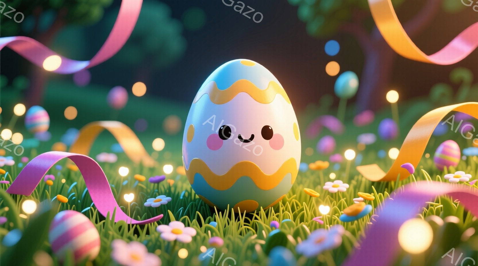 明るい緑の草の上に、笑顔の卵が立っています。卵は水色と黄色のストライプがあり、丸い黒い目と赤い頬を持っています。背景には様々な色のリボンや小さな花が散りばめられており、幻想的で楽しい雰囲気を醸し出しています。