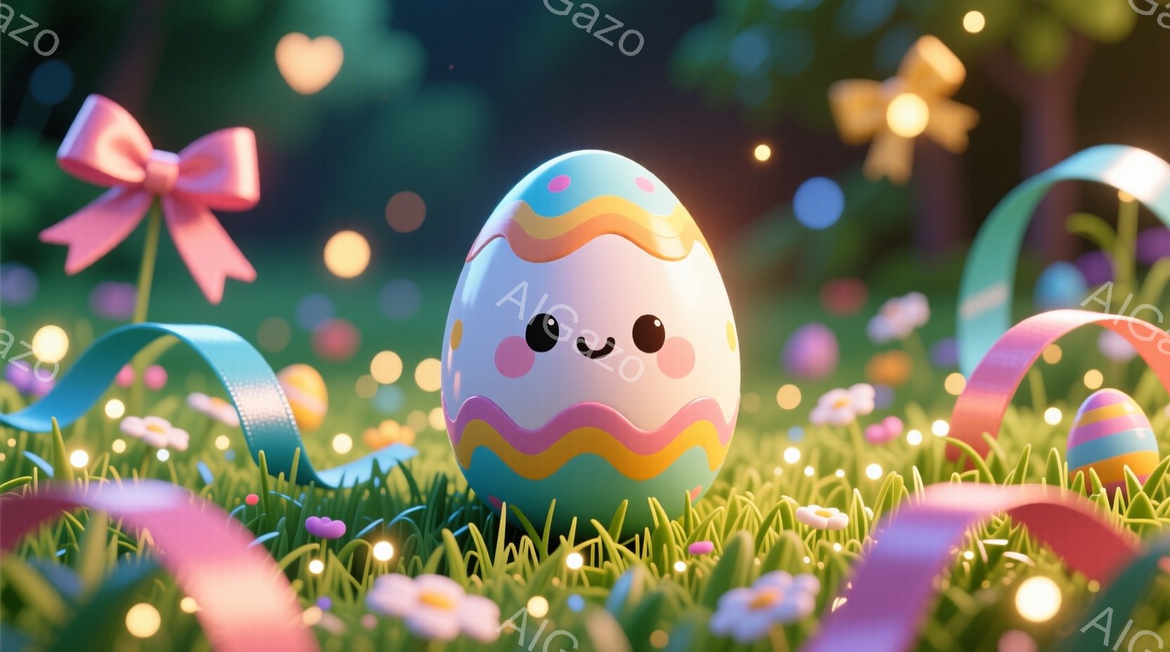 可愛らしい卵が緑の草むらに佇んでいます。パステルカラーのストライプが卵を飾り、つぶらな瞳とほほえましい表情が愛らしさを引き立てています。背景にはぼやけた花やリボン、そして光の粒子が散りばめられ、春らしい、夢のような雰囲気を醸し出しています。