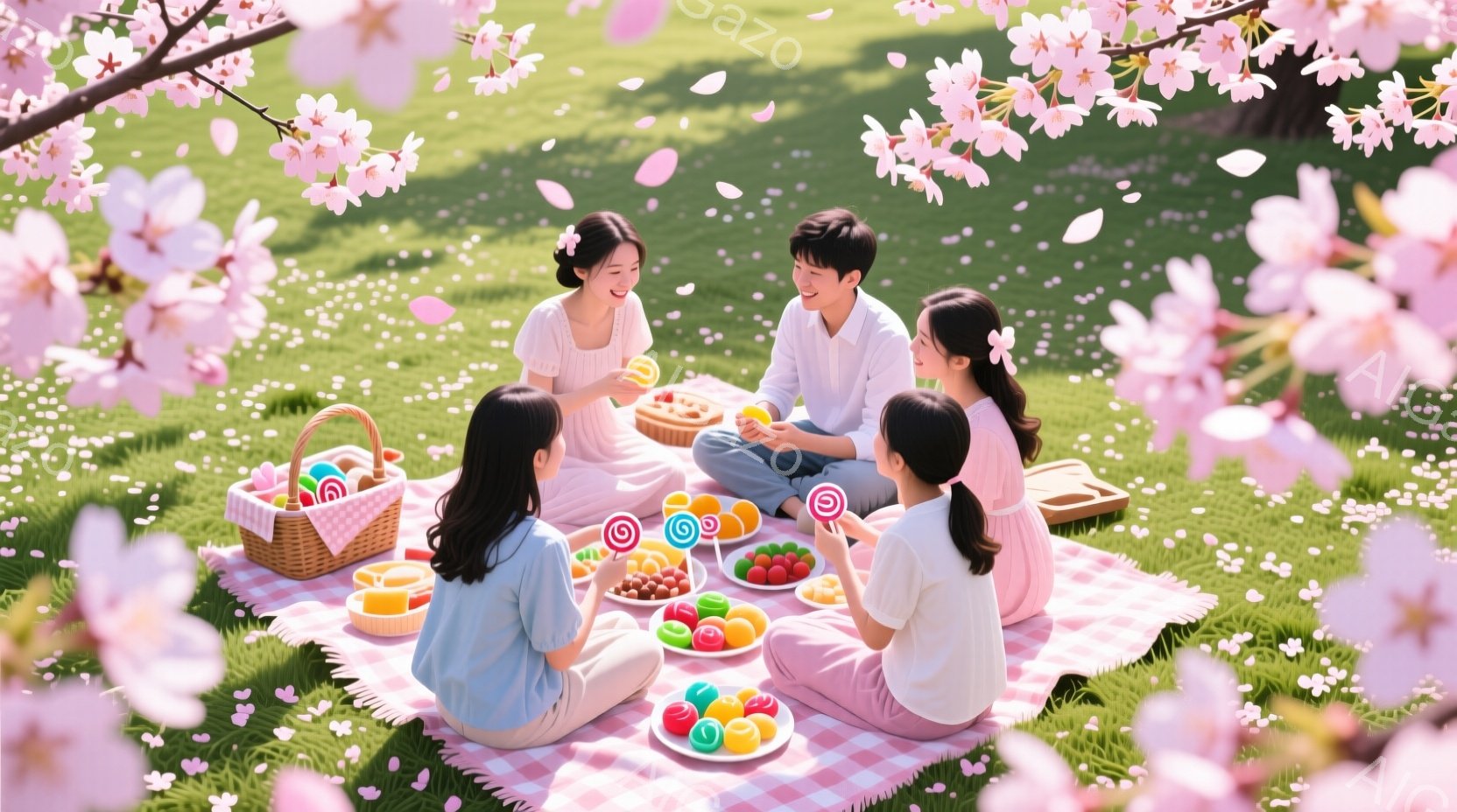 桜の花びらが舞う緑の芝生の上で、若い男女四人がピクニックを楽しんでいる様子が描かれています。女性たちは明るい色のワンピースを着ており、ロングヘアを後ろでまとめています。笑顔でそれぞれお菓子を手に取り、 - AI生成フリー素材