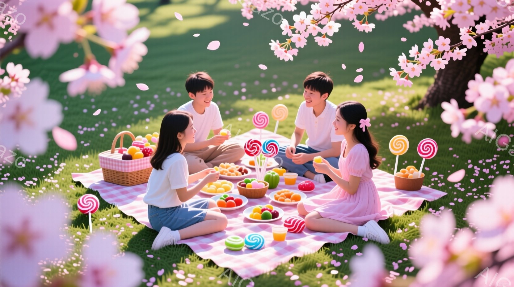 桜の花びらが舞う中で、若い男女４人がピクニックを楽しんでいる様子が描かれています。皆、カジュアルな服装で、笑顔を浮かべながらお菓子や飲み物を囲んでいます。背景には緑豊かな草地と桜の木々が広がり、暖かく - AI生成フリー素材