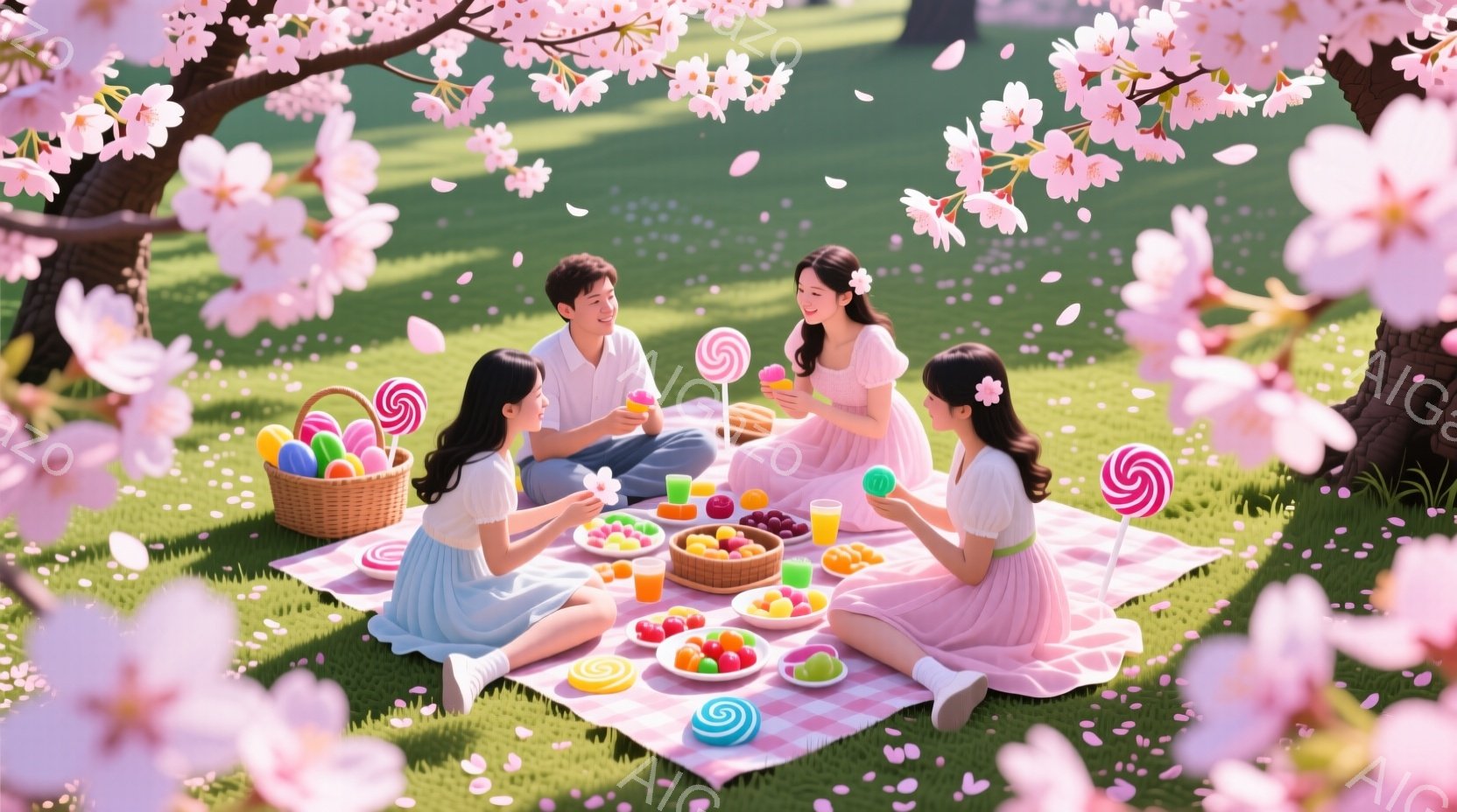 桜の木の下でピクニックを楽しんでいる若い男女が描かれています。男性は白いシャツを着ており、女性たちはピンク色の可愛らしいドレスを着ています。桜の花びらが舞い散る春の穏やかな雰囲気の中で、笑顔でキャンデ - AI生成フリー素材