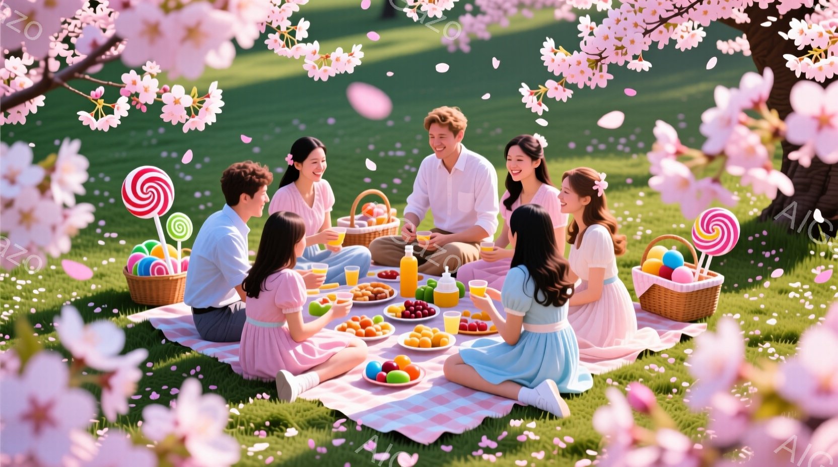 桜の花びらが舞う春のピクニック風景で、若い男女6人がピンクと白のチェック柄の敷物の上に座って食事を楽しんでいます。女性たちはパステルカラーのワンピースを着ており、髪はそれぞれロングヘアやポニーテールで - AI生成フリー素材