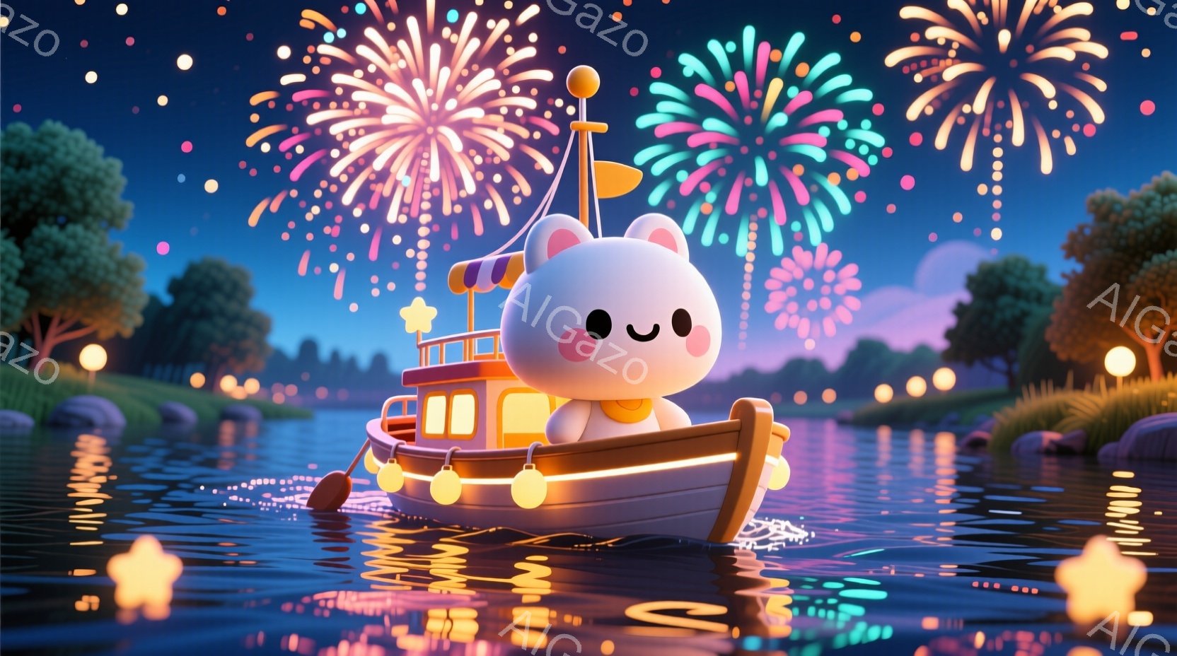 可愛らしいクマのようなキャラクターが、小さなボートに乗って水面を航行しています。ボートは温かい光で飾られた提灯で彩られ、背景には花火が打ち上げられ、穏やかで幻想的な夜の雰囲気を醸し出しています。水面に - AI生成フリー素材