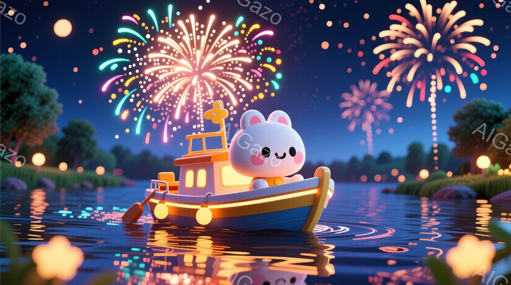 鮮やかな夜空を背景に、可愛らしいクマのキャラクターが小さな青いボートを操縦しています。クマはオレンジ色のライフジャケットを着ており、穏やかな笑顔を浮かべています。背景には花火が打ち上げられ、水面に反射 - AI生成フリー素材