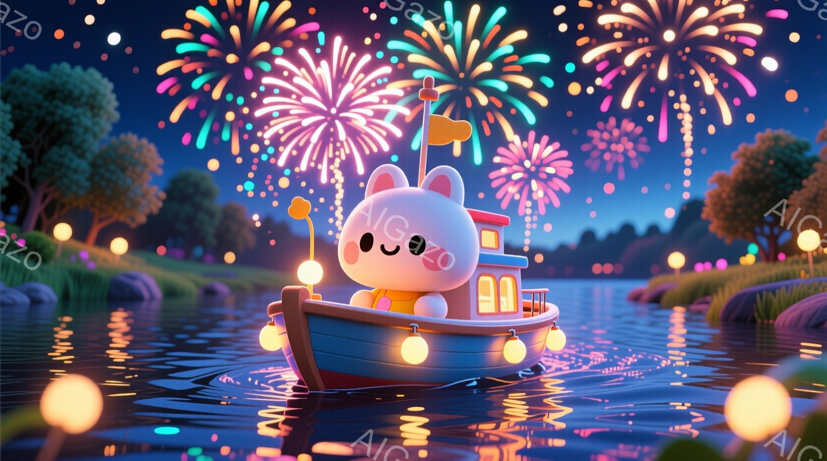 可愛らしいピンク色のクマが、小さなボートに乗って水面を航行しています。クマは緑色のセーターを着ており、笑顔で前を見つめています。背景には、色とりどりの花火が夜空に咲き乱れ、水面には光が反射し、幻想的な雰囲気を醸し出しています。