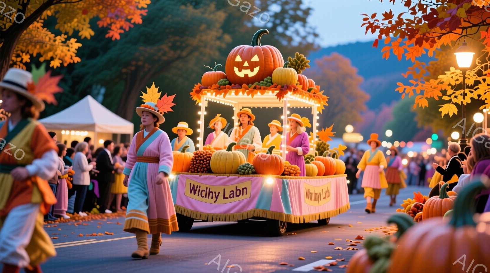 カラフルなカボチャを積み込んだフロートが、夕暮れ時の通りを進んでいる。フロートには、ピンク色のドレスと麦わら帽子を身につけた女性たちが乗り、微笑んでいる。背景には木々が並び、落ち葉が舞い散る様子から、秋のイベントの一場面であることがわかる。