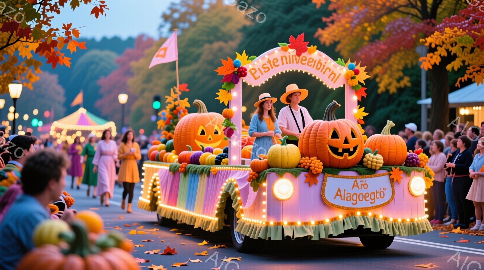 鮮やかなオレンジ色のカボチャやその他の秋の収穫物で飾られた、ピンクと黄色のパレード車両が写っている。運転席には麦わら帽子をかぶった女性が座っており、笑顔で前を見ている。背景には木々や観客の姿が見え、あ - AI生成フリー素材